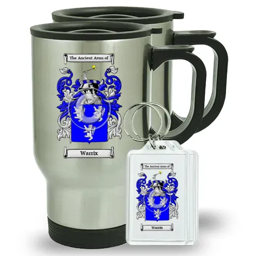 Warrix Pair of Travel Mugs and pair of Keychains