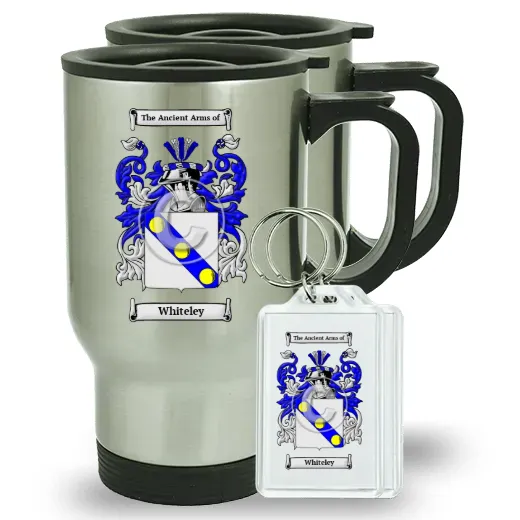 Whiteley Pair of Travel Mugs and pair of Keychains