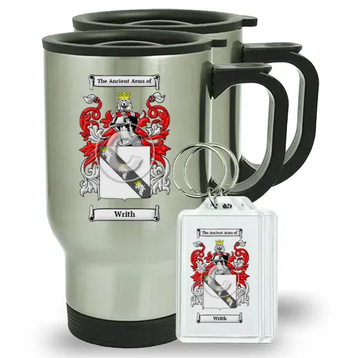 Writh Pair of Travel Mugs and pair of Keychains