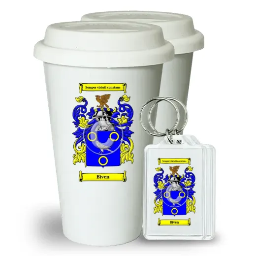 Biven Pair of Ceramic Tumblers with Lids and Keychains