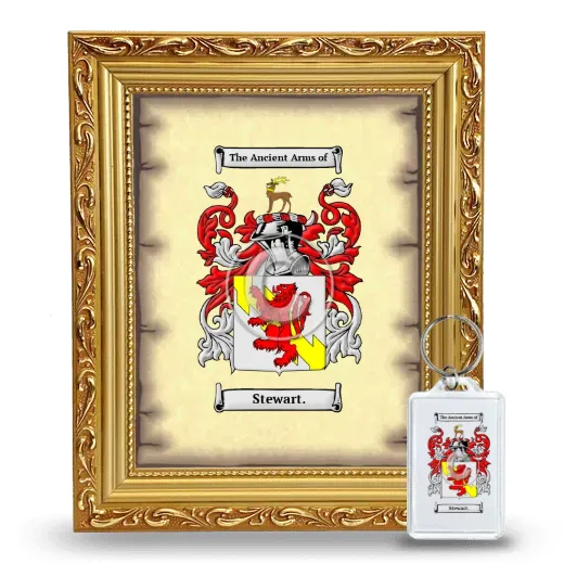 Stewart. Framed Coat of Arms and Keychain - Gold