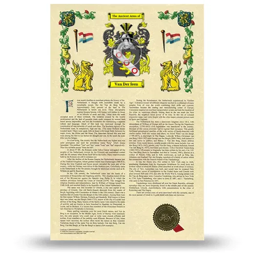 Van Der feen Armorial History with Coat of Arms
