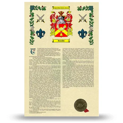 Beauliu Armorial History with Coat of Arms