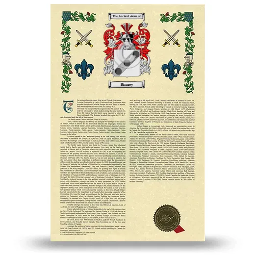 Binney Armorial History with Coat of Arms