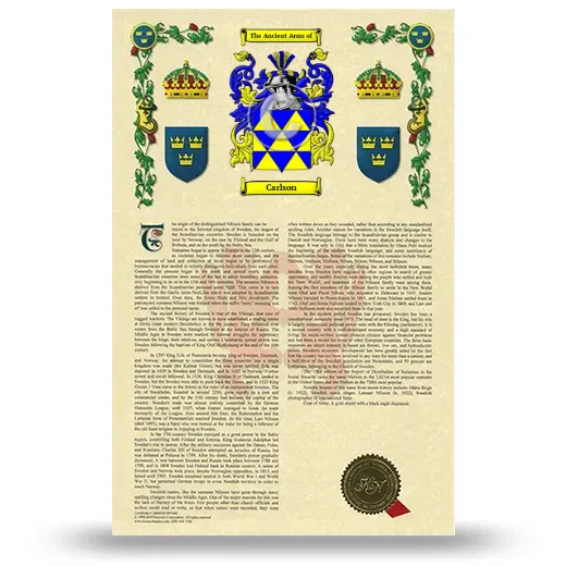 Carlson Armorial History with Coat of Arms