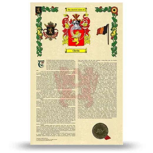 Clavin Armorial History with Coat of Arms