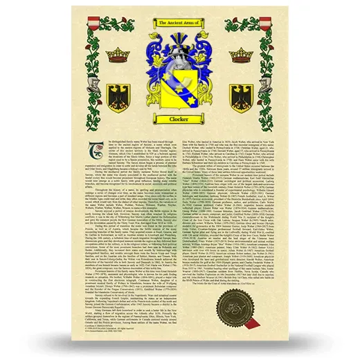 Clocker Armorial History with Coat of Arms