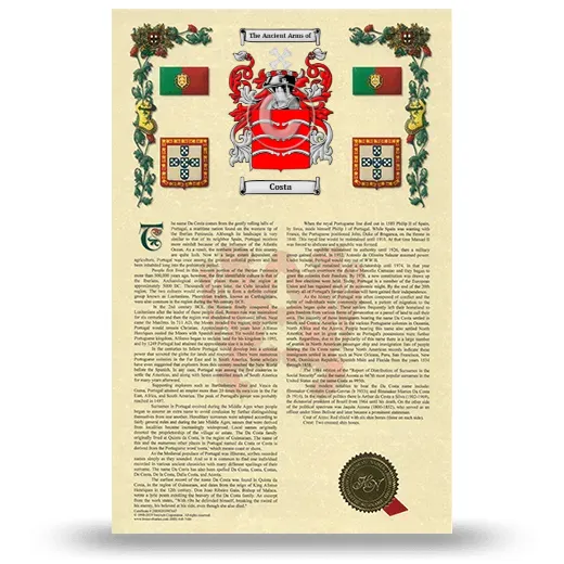 Costa Armorial History with Coat of Arms