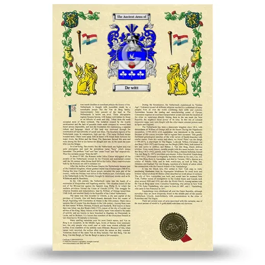 De witt Armorial History with Coat of Arms