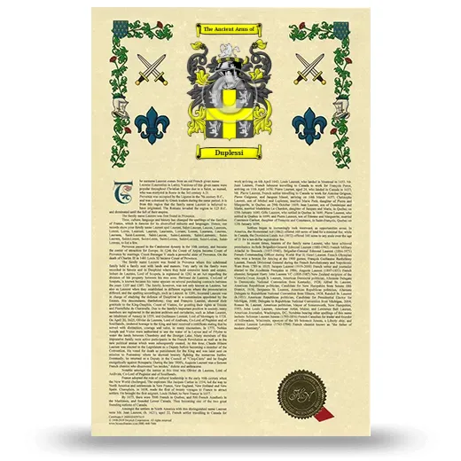 Duplessi Armorial History with Coat of Arms