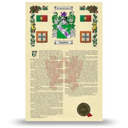 Gonçalves Armorial History with Coat of Arms