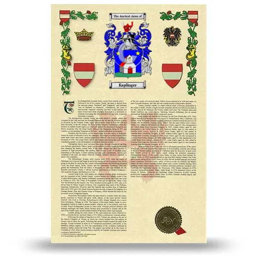 Kaplinger Armorial History with Coat of Arms