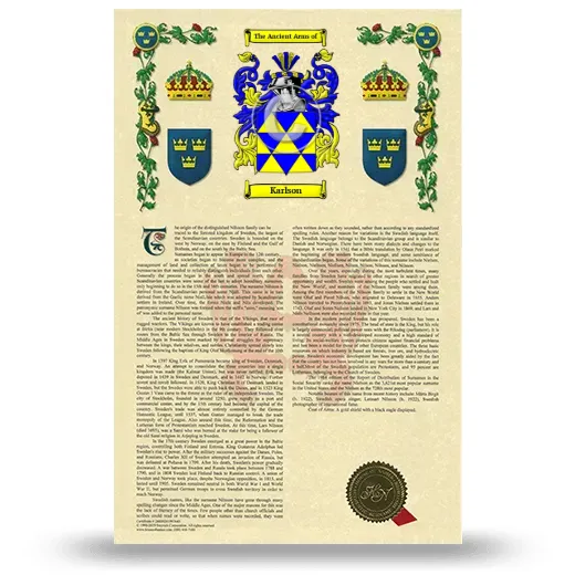 Karlson Armorial History with Coat of Arms