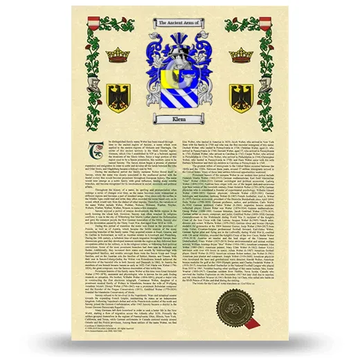 Klem Armorial History with Coat of Arms