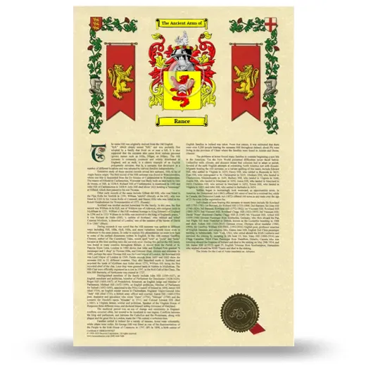 Rance Armorial History with Coat of Arms