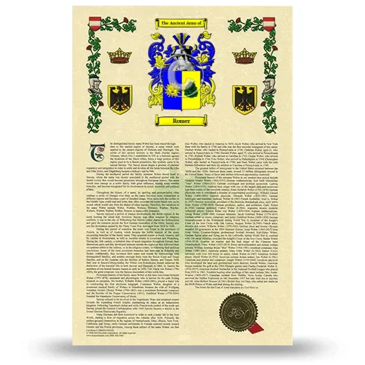 Romer Armorial History with Coat of Arms