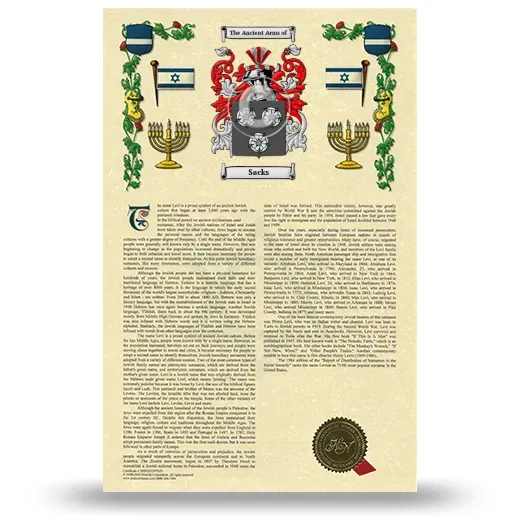 Sacks Armorial History with Coat of Arms