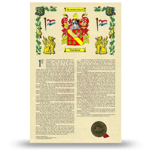 Van'dever Armorial History with Coat of Arms