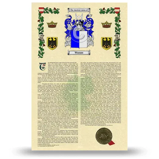 Warner Armorial History with Coat of Arms