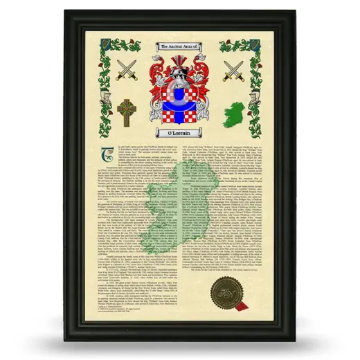 O'Lorcain Armorial History Framed - Black
