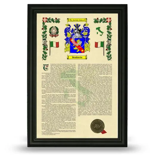 Bauduccio Armorial History Framed - Black