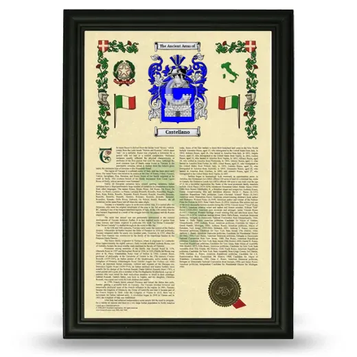 Castellano Armorial History Framed - Black