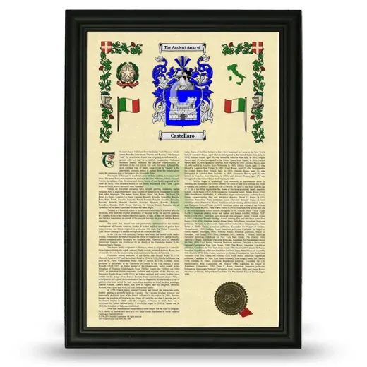 Castellaro Armorial History Framed - Black