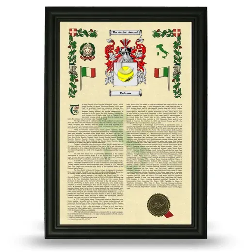 Delano Armorial History Framed - Black