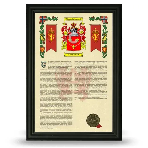 Gunnarson Armorial History Framed - Black