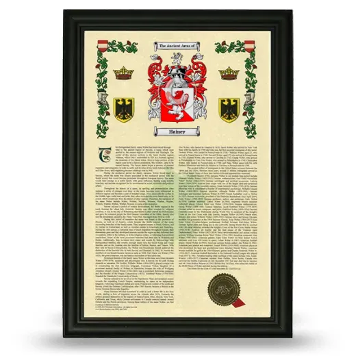 Hainey Armorial History Framed - Black