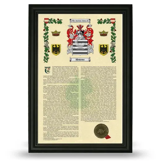 Klemens Armorial History Framed - Black