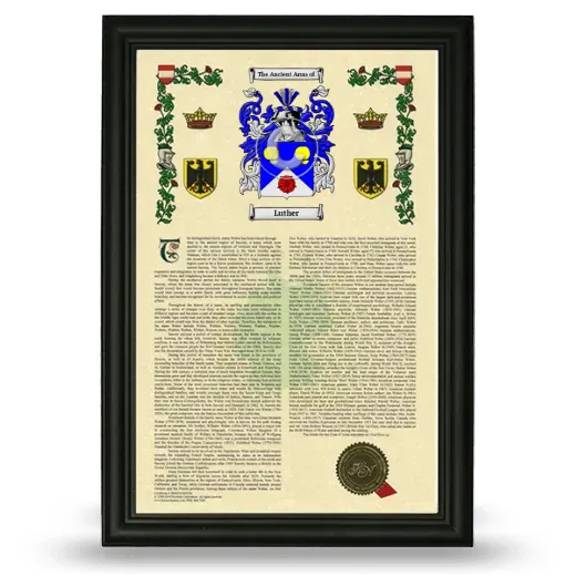 Luther Armorial History Framed - Black