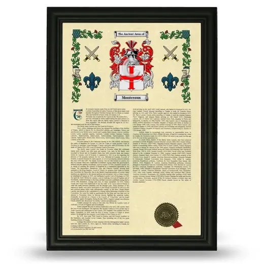 Montceaux Armorial History Framed - Black