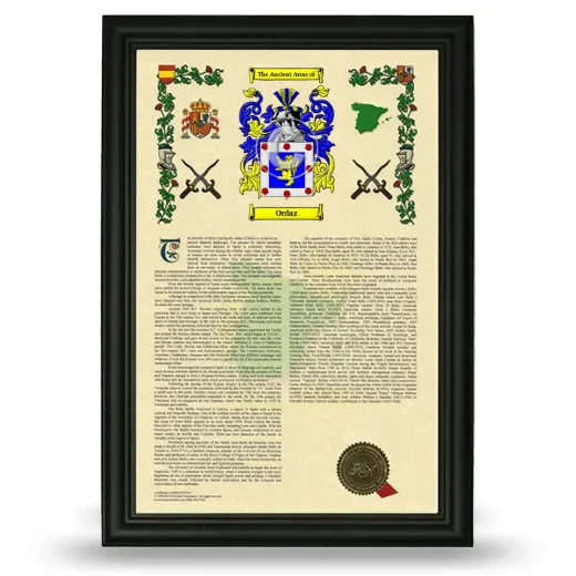 Ordaz Armorial History Framed - Black