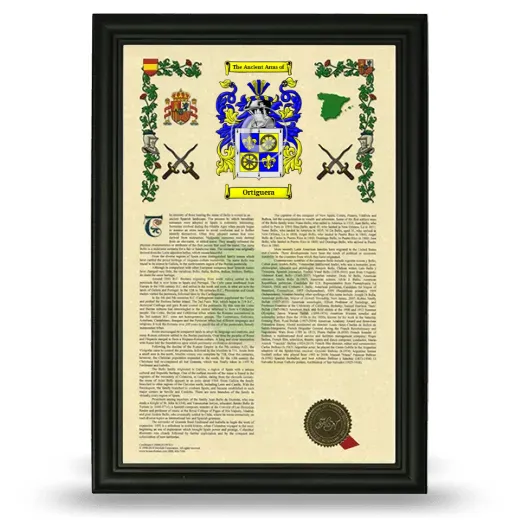 Ortiguera Armorial History Framed - Black