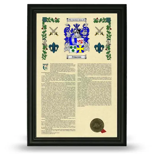 Primraux Armorial History Framed - Black