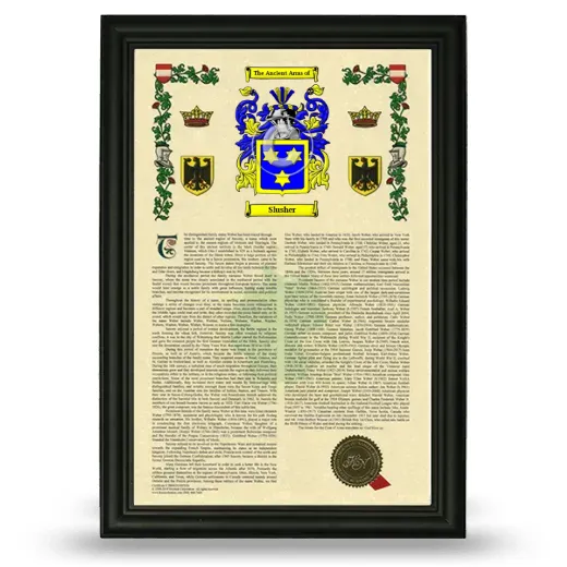 Slusher Armorial History Framed - Black