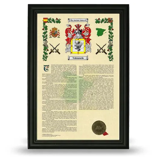 Valensuela Armorial History Framed - Black