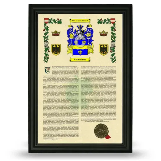 Vanderhaar Armorial History Framed - Black