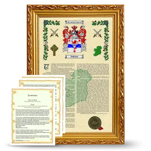 Deluney Framed Armorial History and Symbolism - Gold
