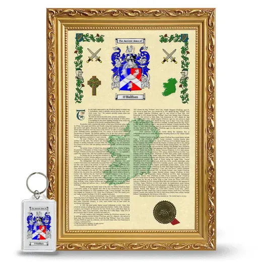 O'Halihan Framed Armorial History and Keychain - Gold