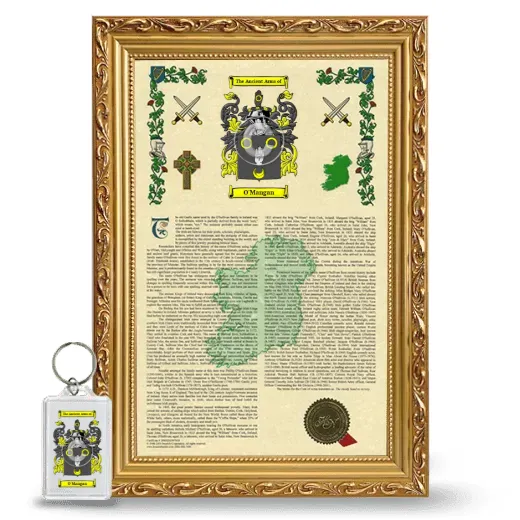 O'Mangan Framed Armorial History and Keychain - Gold