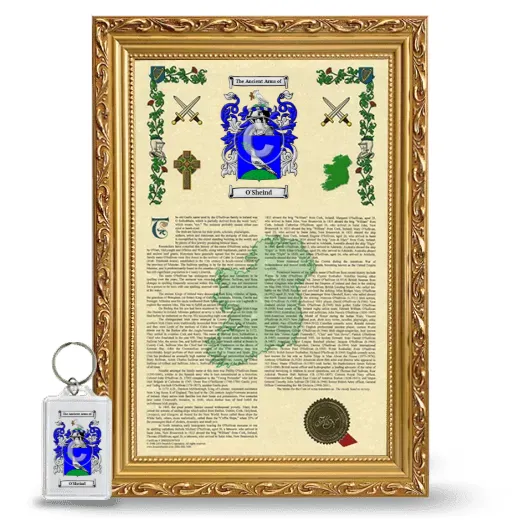 O'Sheind Framed Armorial History and Keychain - Gold