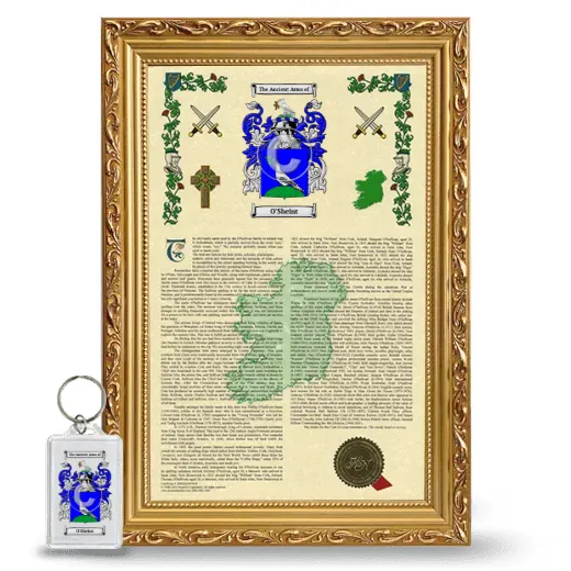 O'Sheint Framed Armorial History and Keychain - Gold