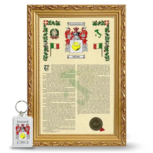 Del-ano Framed Armorial History and Keychain - Gold