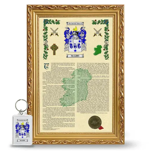 McAuliffe Framed Armorial History and Keychain - Gold