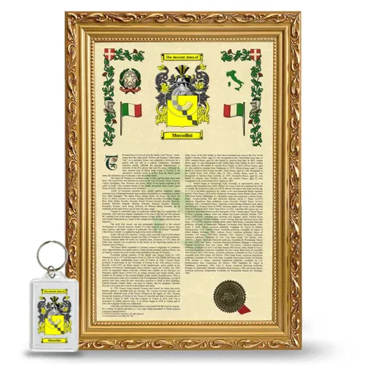 Mussolini Framed Armorial History and Keychain - Gold