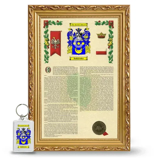 Rodziewicz Framed Armorial History and Keychain - Gold