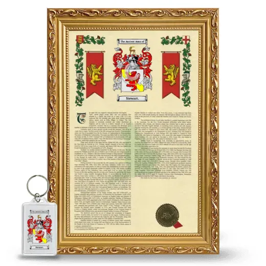 Stewart. Framed Armorial History and Keychain - Gold