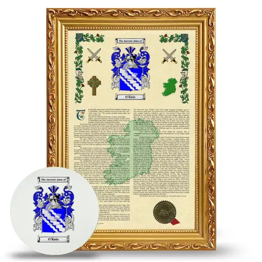 O'Kain Framed Armorial History and Mouse Pad - Gold